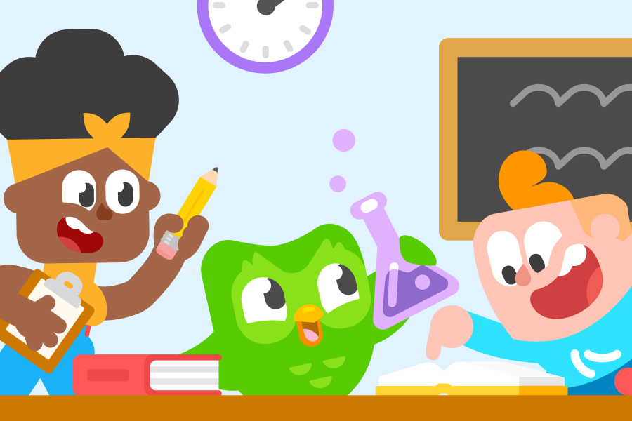 Illustration of Duo, Bea, and Junior in a classroom with books, chemistry beakers, and a clipboard