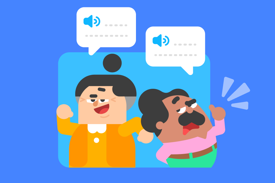 Illustration of Lucy and Oscar having a conversation and both looking confident