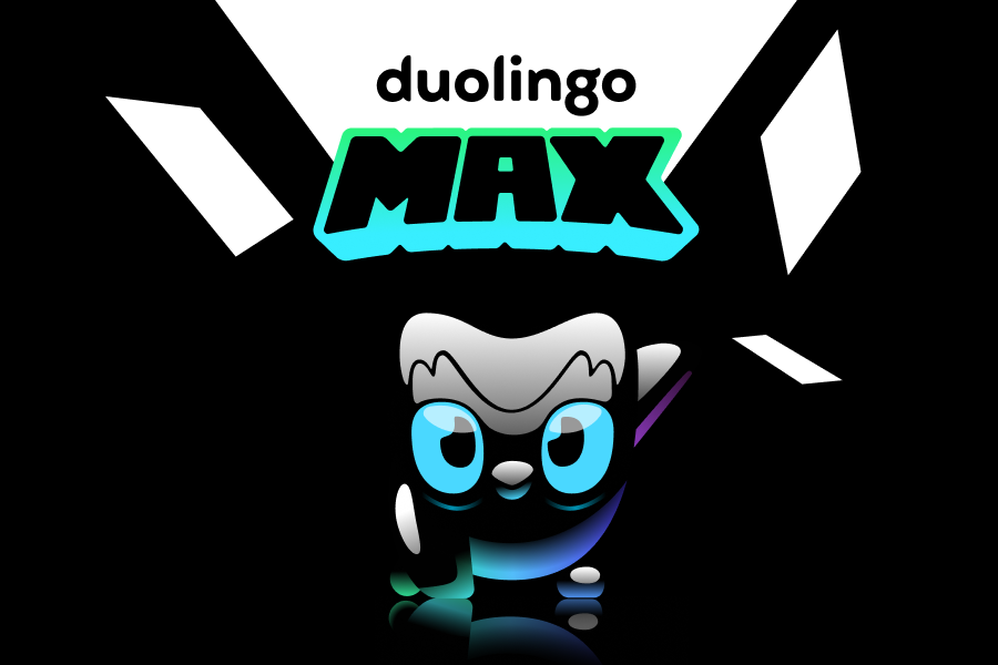 Illustration of Duo as a shiny black owl and above him the glowing green and blue "Duolingo Max" logo