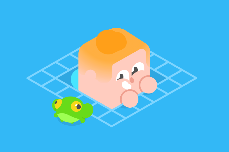 Illustration of Junior peeking through a grid of squares and looking at his frog