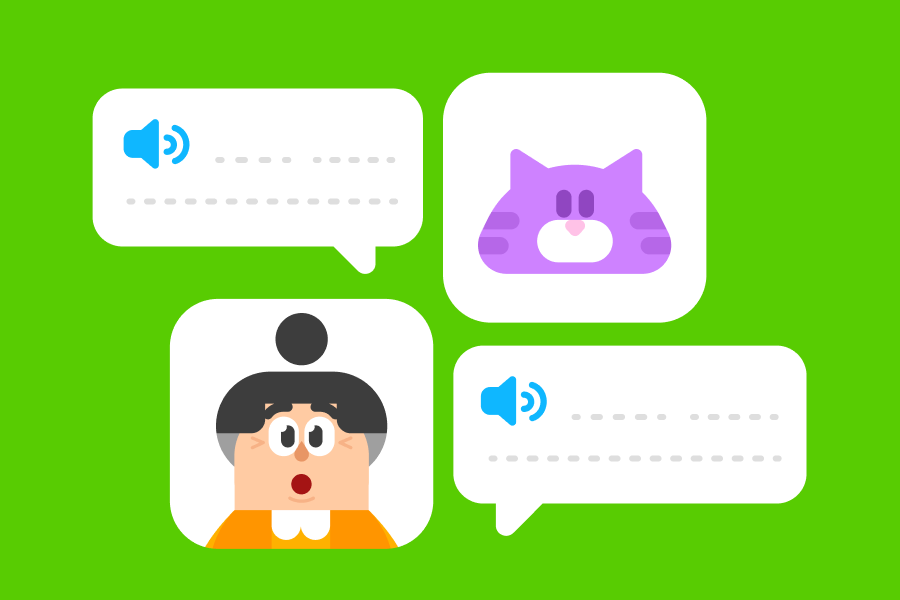 Illustration of a purple cat next to a speech bubble, followed by Lucy next to a speech bubble looking very surprised