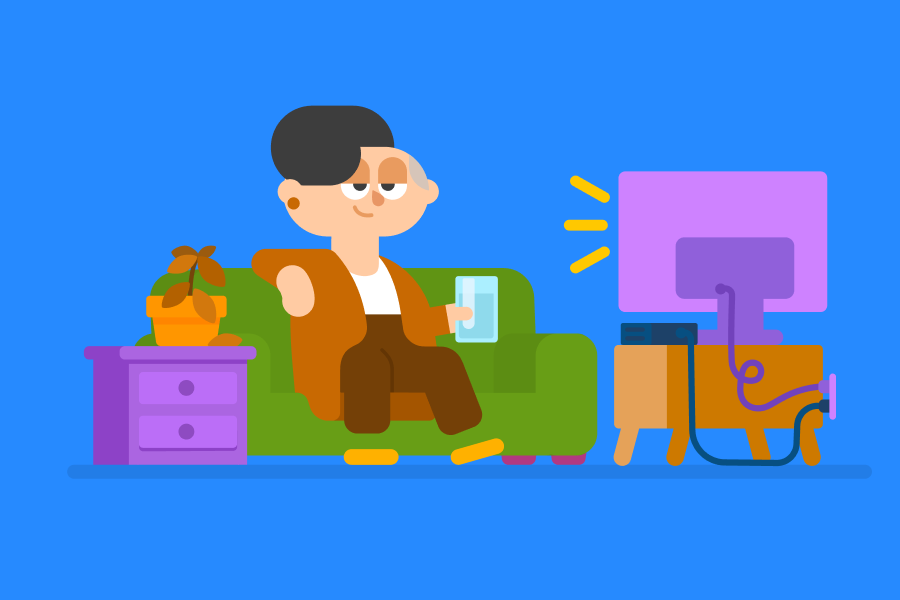 Illustration of Lin sitting casually on a couch watching TV