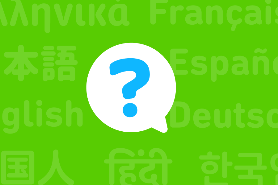 Illustration of a question mark in a speech bubble and in the background are the names of languages