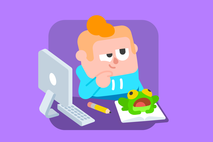 Illustration de Junior, l'air pensif, assis à son bureau avec son ordinateur et sa grenouille