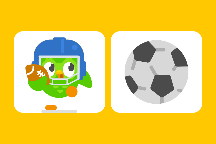 Illustration of Duo wearing a helmet and holding an American football next to a a soccer ball