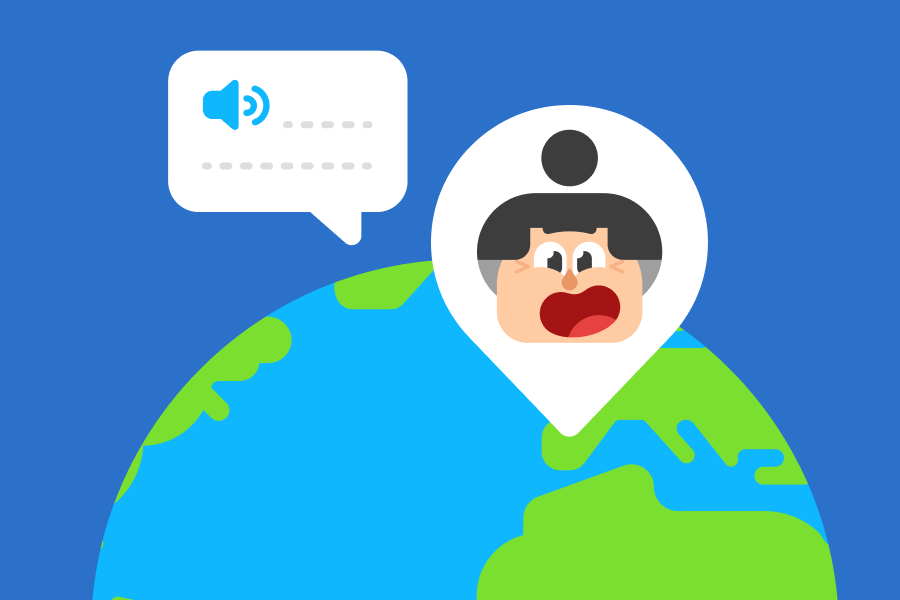 Illustration of the globe with Lucy as a pin above Spain and a speech bubble next to her