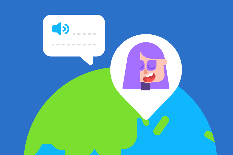 Illustration of a globe with Lily and a speech bubble over Korea