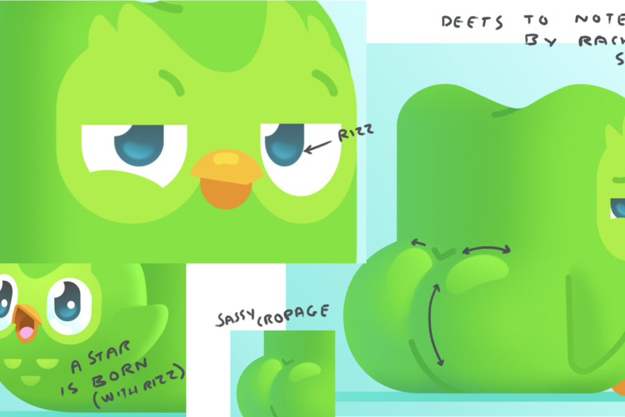Collage of sketches of the Duolingo Super Bowl ad with hand-written notes including "rizz" and "sassy cropage"