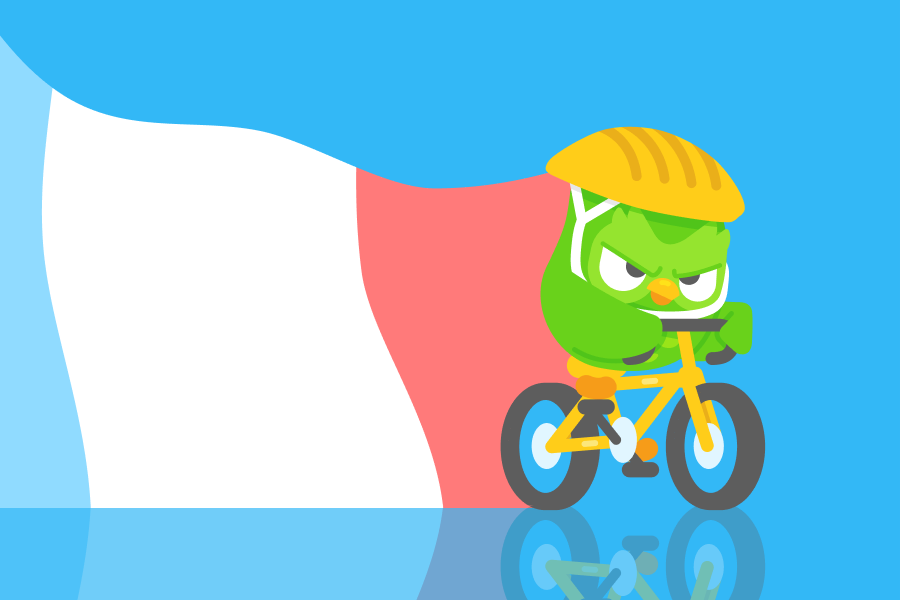 Ilustración de Duo montando una bicicleta frente a la bandera de Francia. Lleva un casco amarillo y se le ve determinado