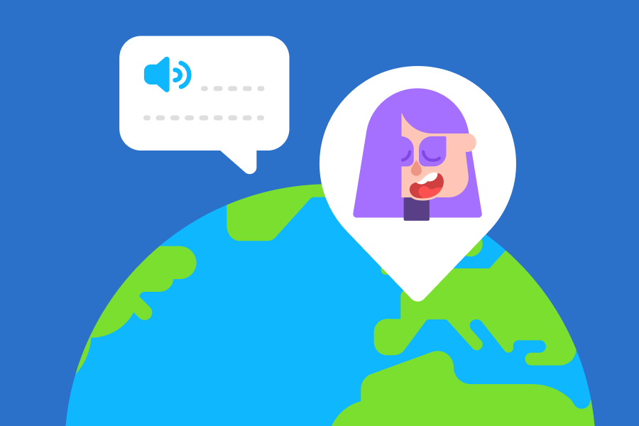 Illustration of a globe with an image of Lily and a speech bubble hovering over France