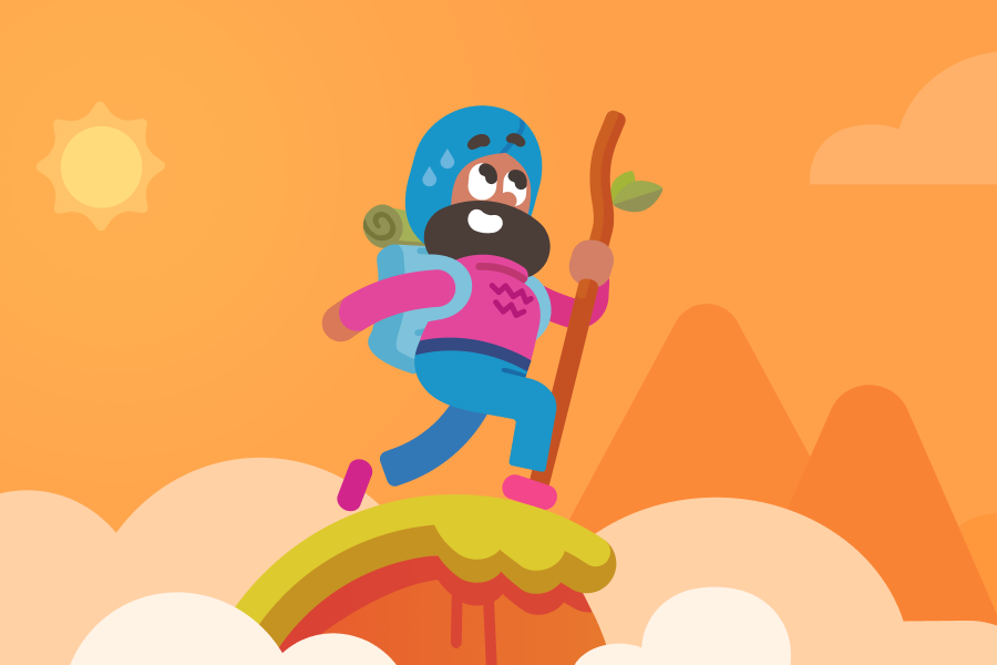 Illustration of Vikram wearing a camping backpack and cheerfully hiking a mountain in the hot sun