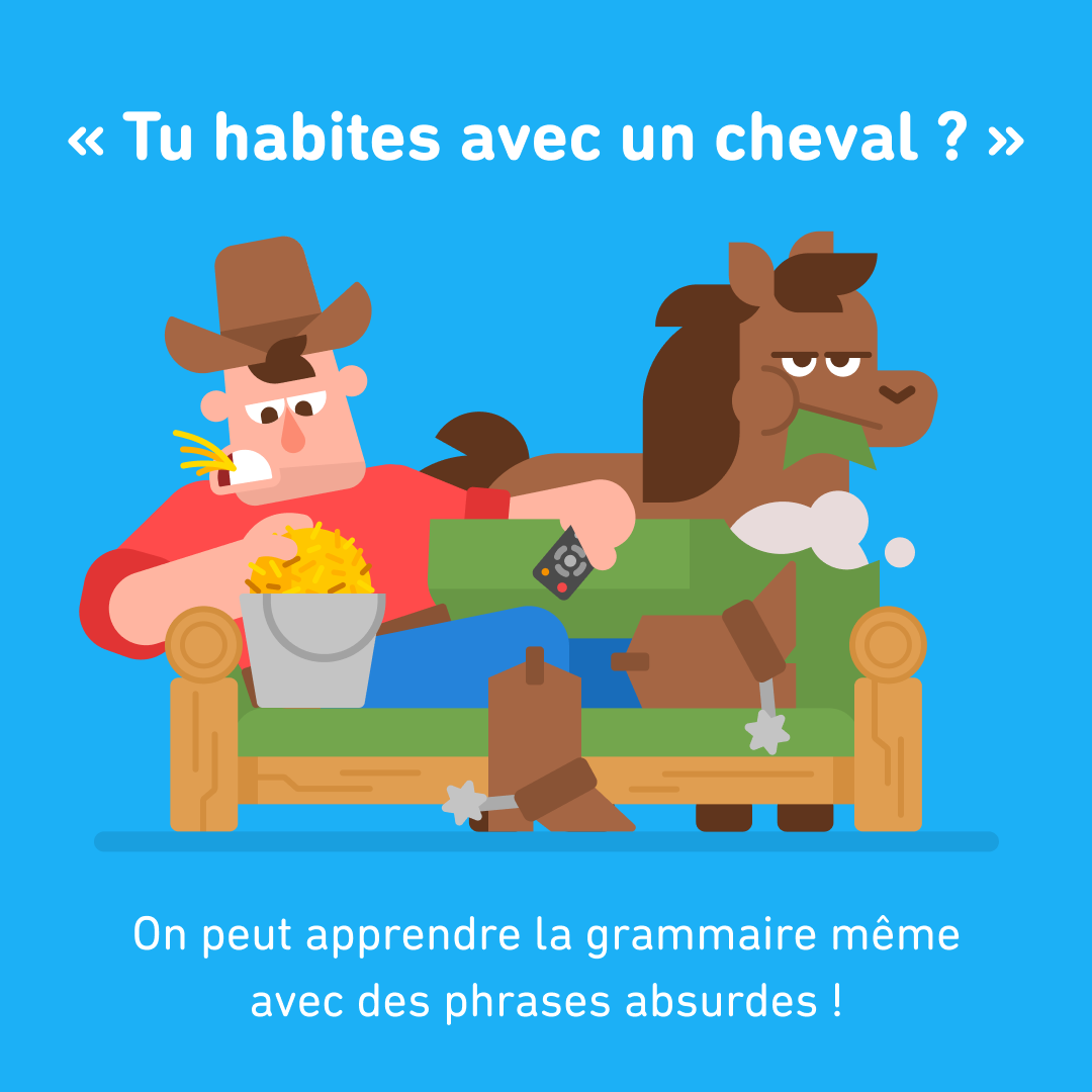 Illustration d’un cowboy assis sur un canapé derrière lequel un cheval est en train de manger du foin. Le titre affiche : « Tu habites avec un cheval ? » et sous le canapé, il est écrit : « On peut apprendre la grammaire même avec des phrases absurdes ! »