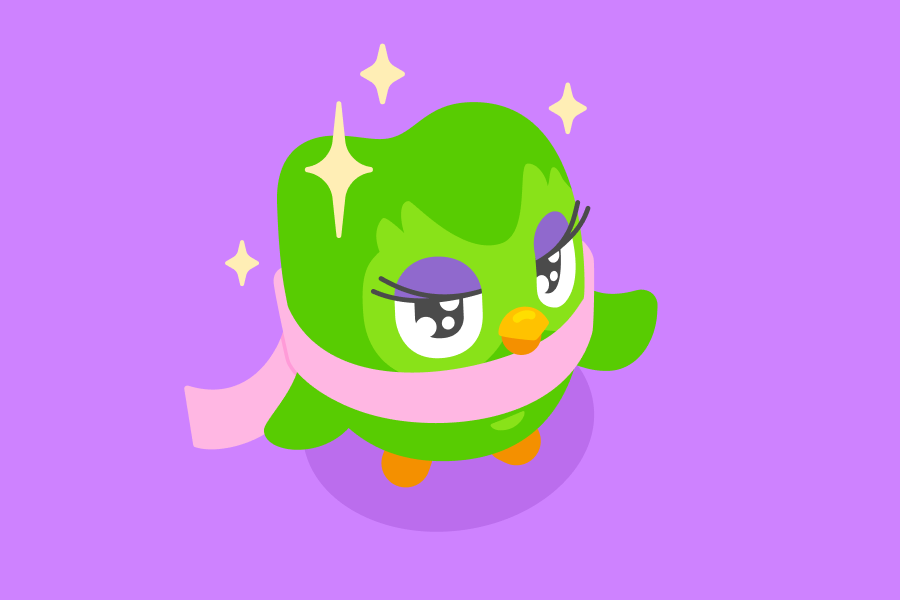 Illustration of Duo looking like a star, with purple eyeshadow, long lashes, a pink scarf, and little sparkles above his head