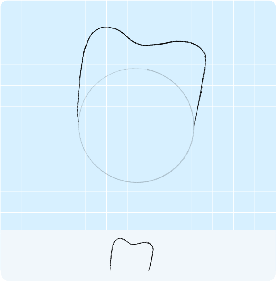 동그라미 위쪽으로 물결 모양의 부드러운 M 모양을 그려 왼쪽과 오른쪽을 연결한 모습