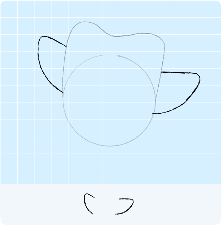 동그라미 양쪽에 날개를 추가한 모습으로, 각 날개의 위쪽은 평평하고 곡선을 그리며 몸통과 연결된 모습