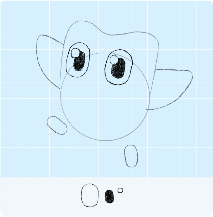 눈을 그린 모습으로, 큰 타원을 먼저 그리고 그 중앙에 색칠한 작은 타원을 그려 눈동자를 표현한 후, 각 눈동자의 왼쪽 윗부분에 색칠하지 않은 작은 동그라미를 그린 이미지