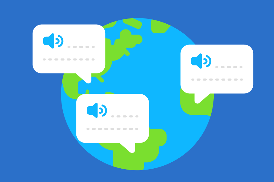 Illustration of the world with three speech bubbles hovering over different continents