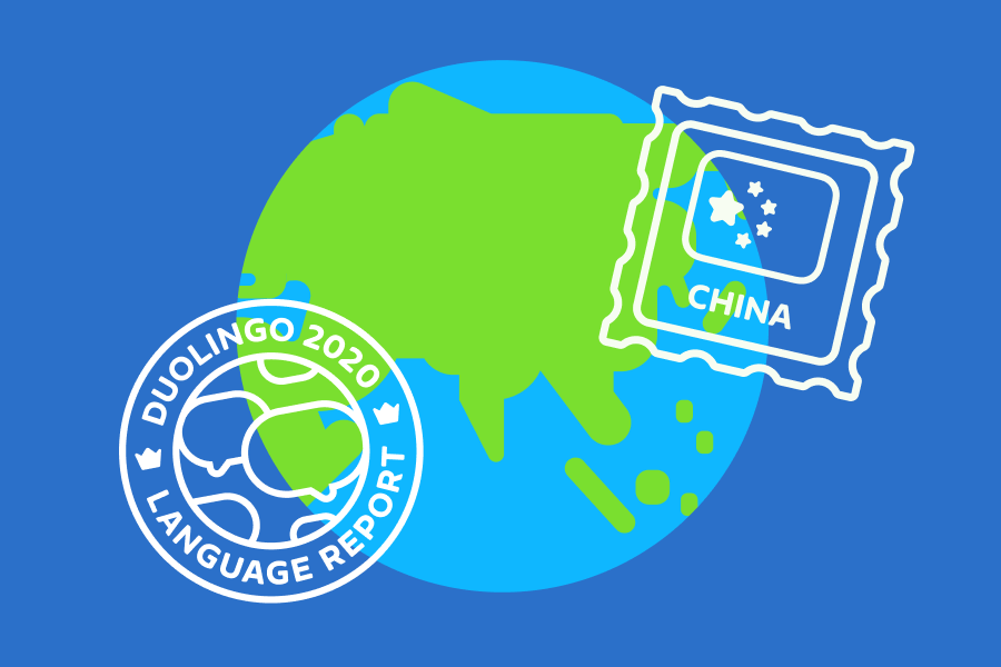A globe with 2 stamps: the "2020 Duolingo Language Report" logo and a stamp with the China flag and "China"