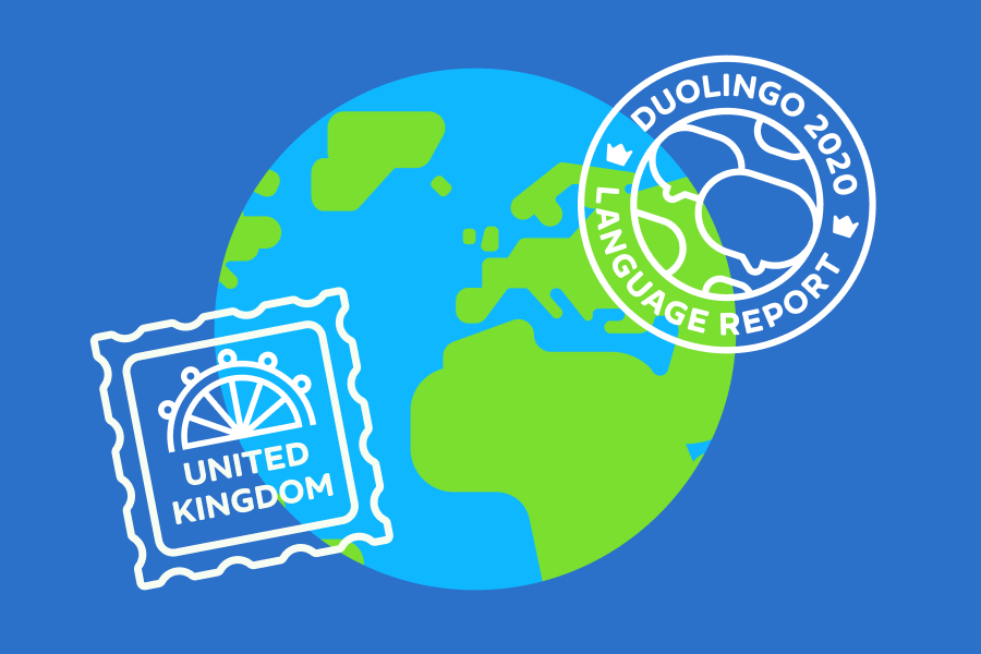 A globe with 2 stamps: the "2020 Duolingo Language Report" logo and a stamp with the London Eye and "United Kingdom"