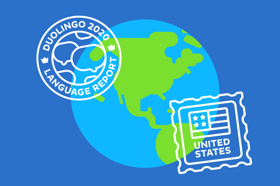A globe with 2 stamps: the "2020 Duolingo Language Report" logo and a stamp with the U.S. flag and "United States"