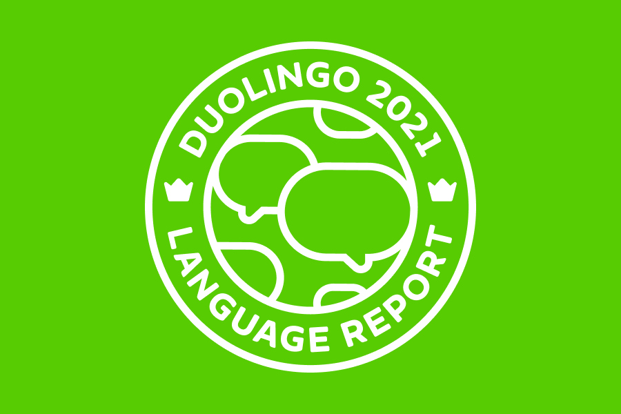 The phrase "2021 Duolingo Language Report" in a circle around a globe with speech bubbles instead of continents