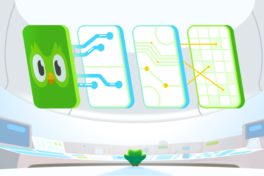 Illustration of four huge phone screens connected through schematics in front of a tiny mastermind Duo