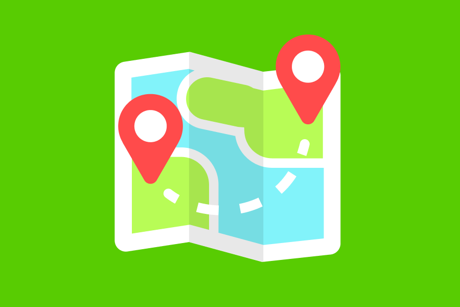 Illustration of a map with two location pins in different areas and a dotted line connecting them