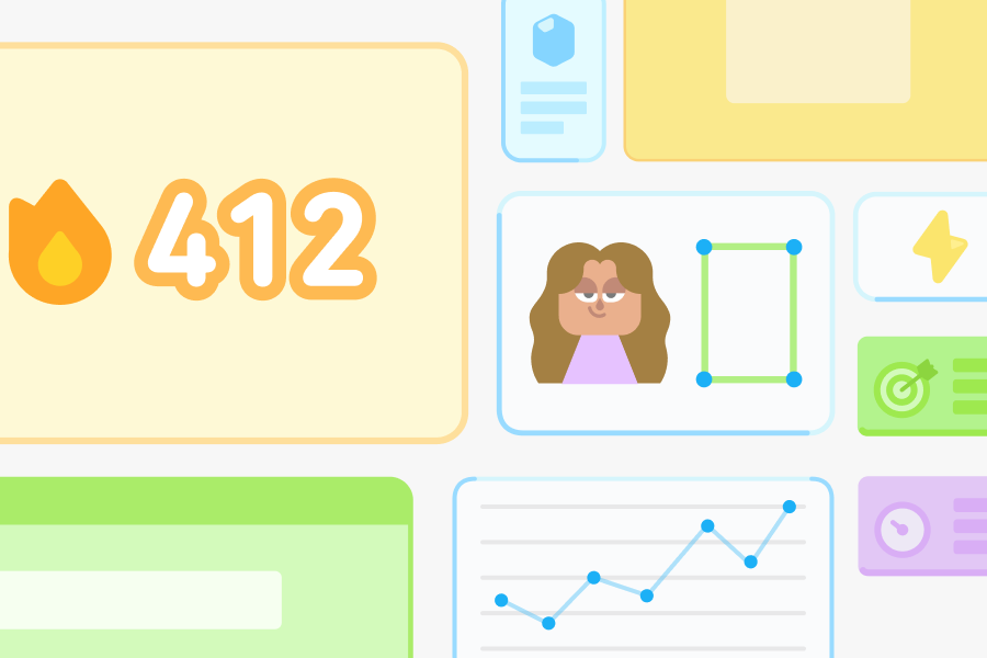 Many small illustrations including a Duolingo streak of 412 days, a Duolingo avatar, a blue gem, a graph with an upward slope