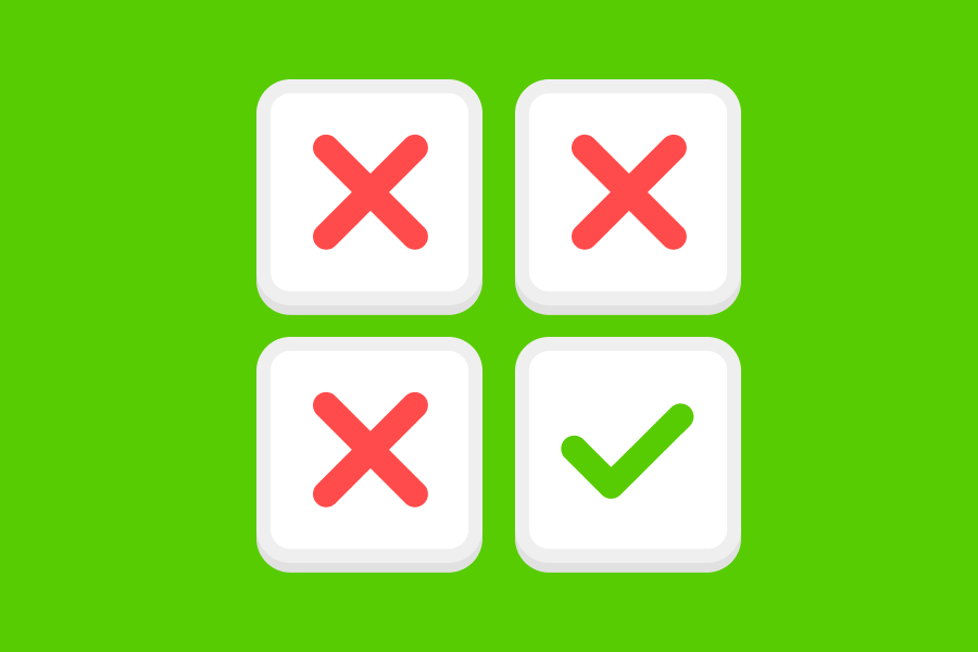 Illustration of a 2 by 2 table with two red Xs in the top row, and a red X and a green check mark in the bottom row
