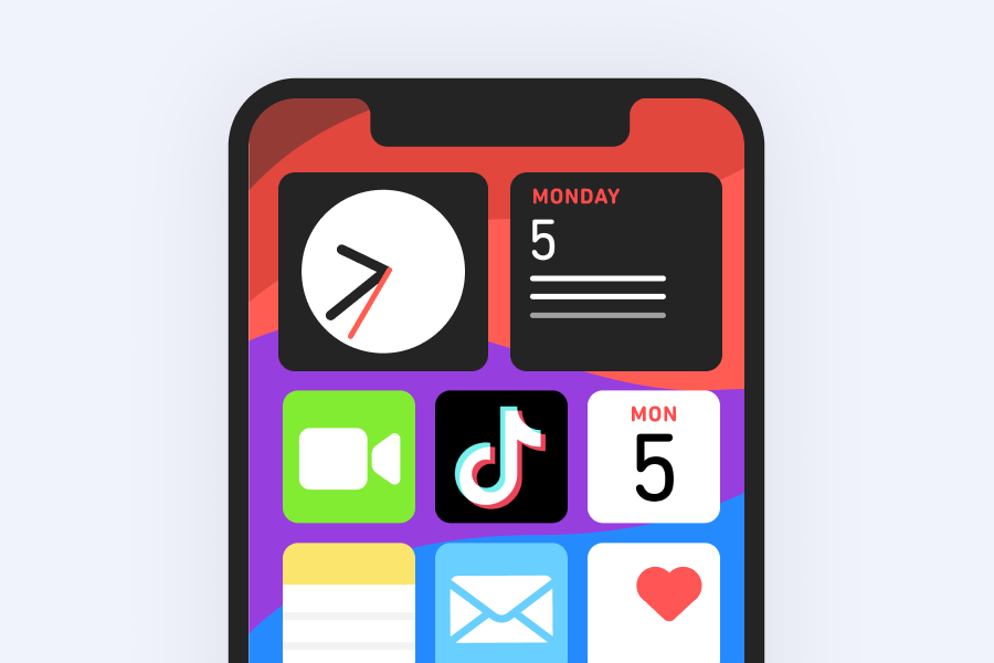 Illustration of a smartphone screen with widgets for the day and time and a number of apps, including TikTok at the center
