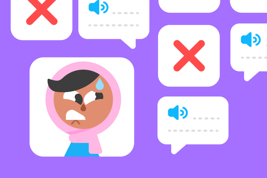 Illustration of Zari looking stressed surrounded by speech bubbles and red X marks