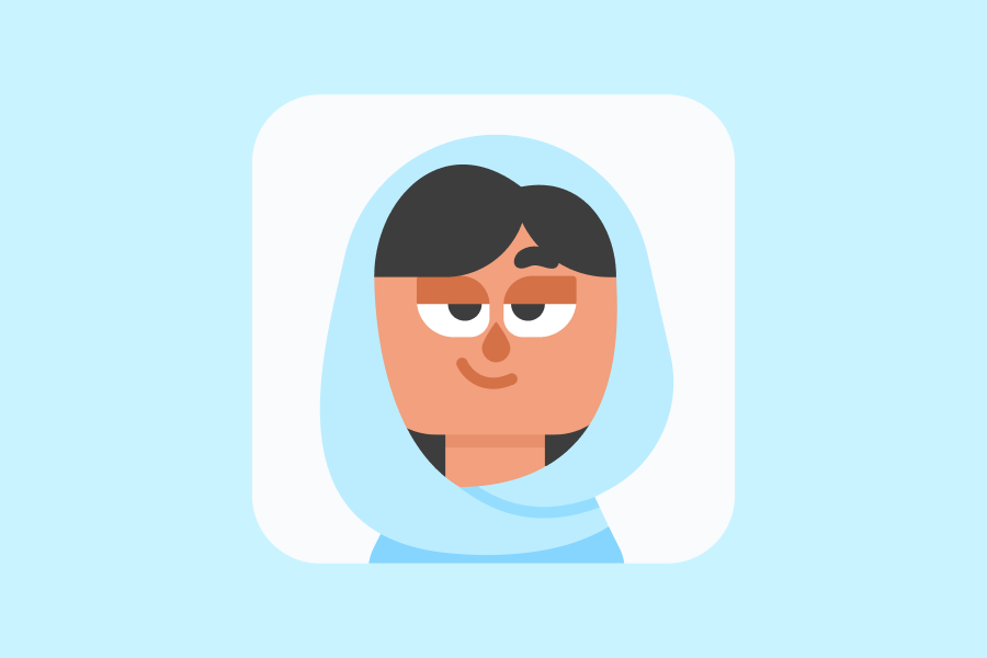 Illustration of Malala Yousafzai wearing a light blue hijab and smiling slightly