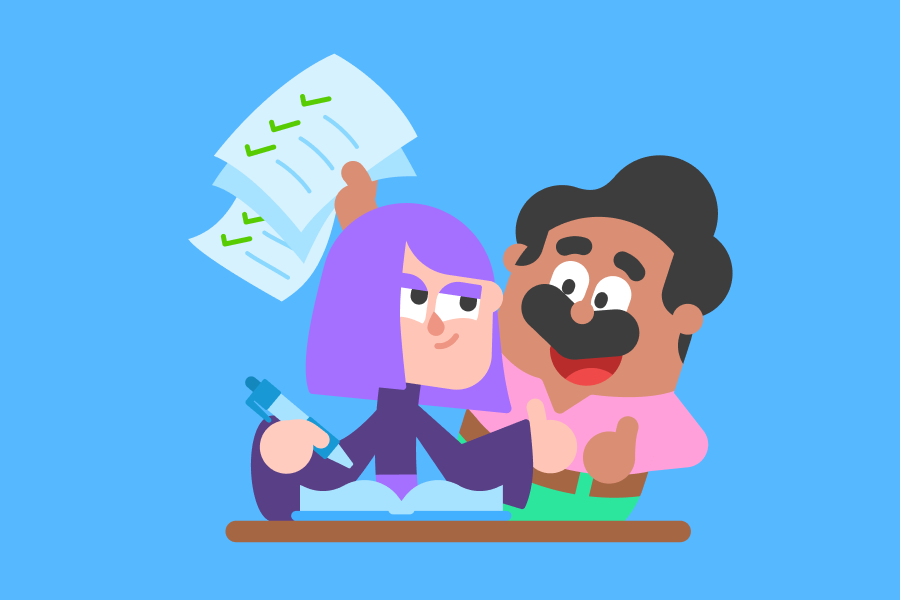 Illustration of Lily and Oscar giving each other thumbs up. Oscar looks excited and is holding papers with green check marks