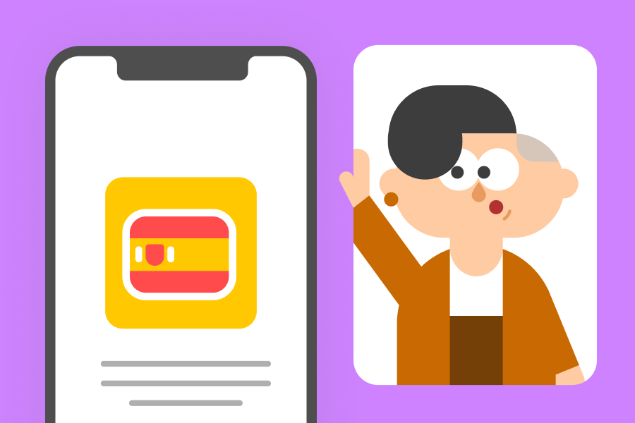Illustration of a phone screen with the Spanish flag next to an image of Lin looking curious