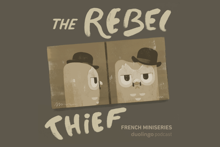 Two mugshot-style illustrations of Duo the owl with the title "The Rebel Thief"