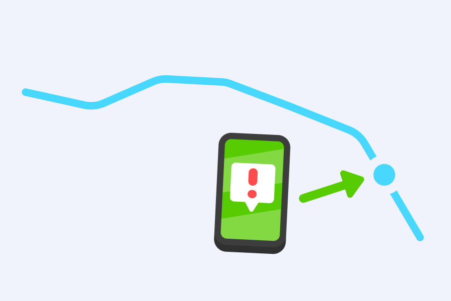Illustration of a downward-sloping line with the decline marked with an arrow and a mobile phone with a red exclamation mark