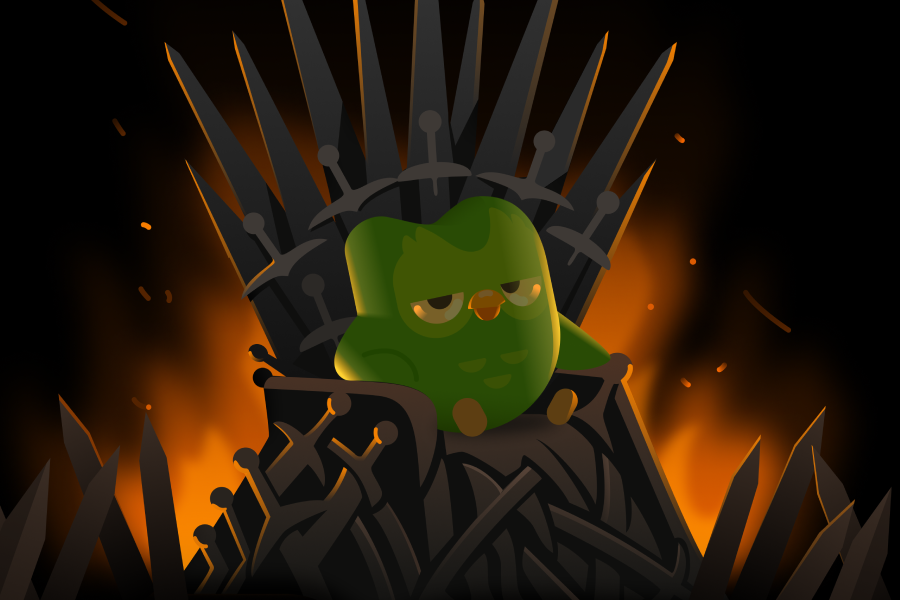 Duolingo’s mascot, Duo, sitting on a Game of Thrones-style Iron Throne