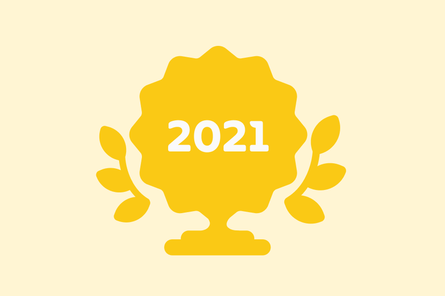 Illustration of a trophy in the shape of the Duolingo English Test logo, labeled with 2021