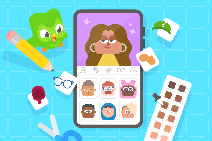Abbildung eines Smartphones, das den Avatar-Generator und rundherum seine Optionen für Haut, Frisur und Haarfarbe zeigt.