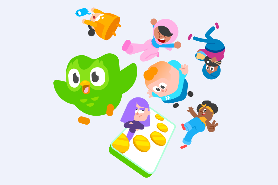 Illustration of Duo the owl and the Duolingo characters flying through the air