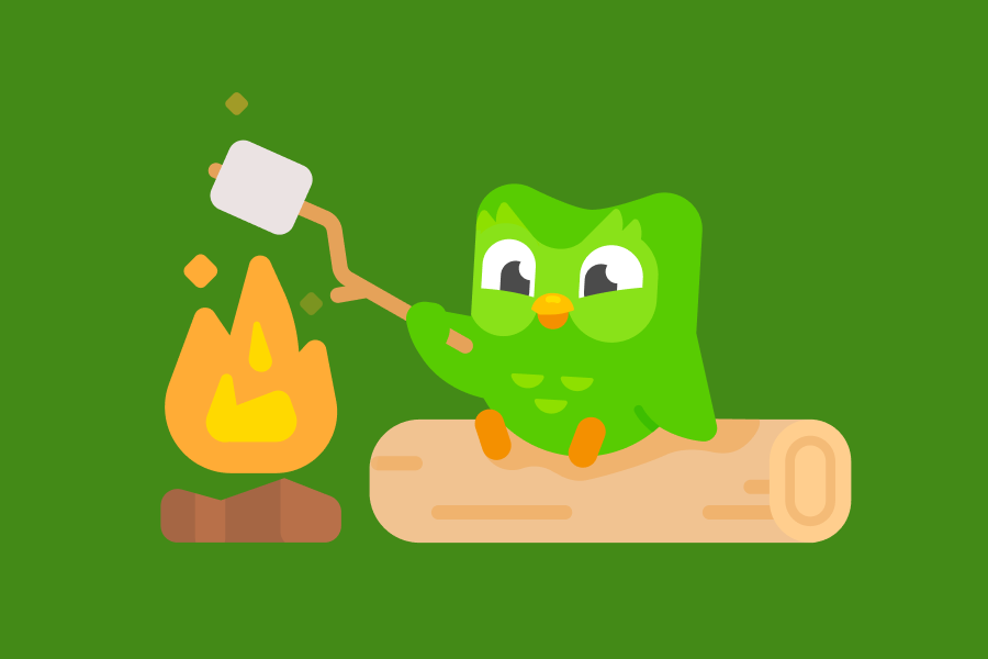 Illustration of Duo the owl sitting on a log roasting a marshmallow over a small campfire