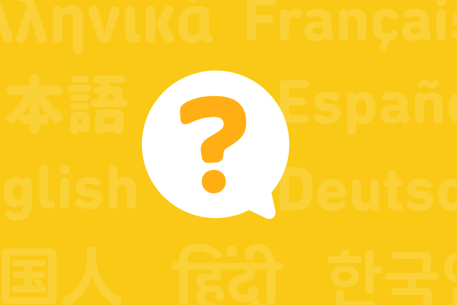 Illustration of a question mark in a speech bubble and in the background are the names of languages