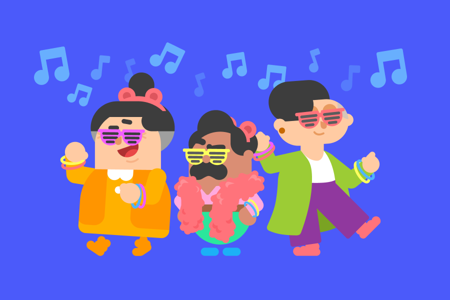 Illustration of Lucy, Oscar, and Lin wearing fun sunglasses, party bracelets and boas, while listening to music and dancing