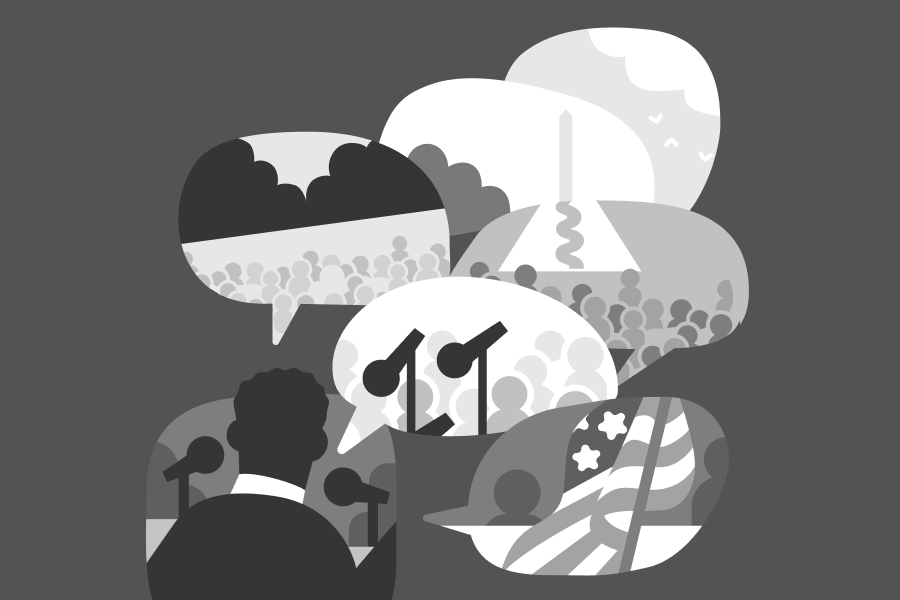 Many speech bubbles each including part of the scene of Martin Luther King, Jr. giving his "I have a dream" speech