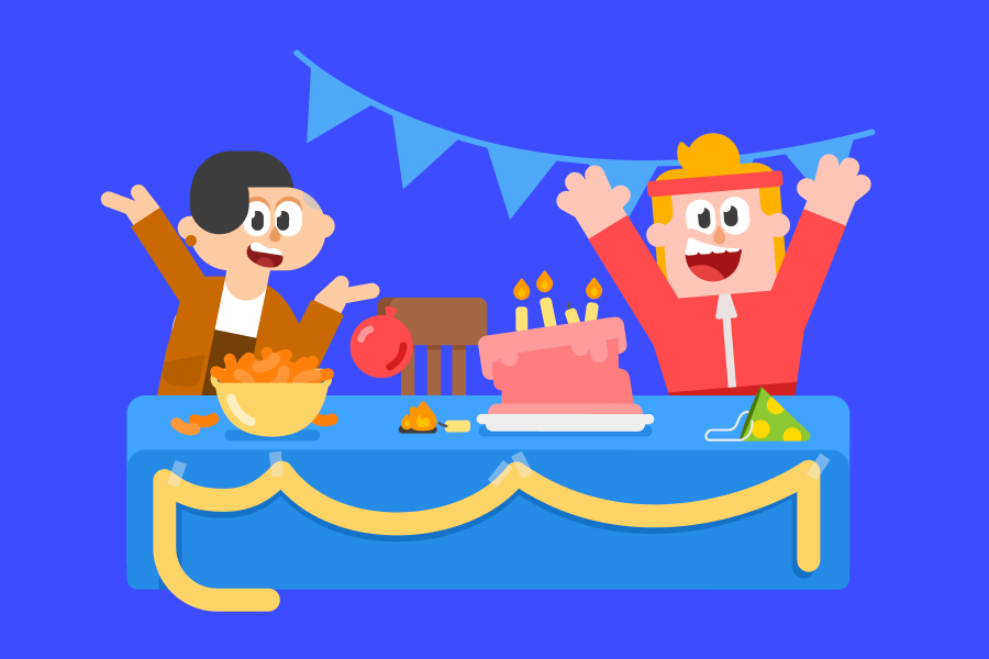 Illustration of Lin and Eddy at a party behind a table with a lopsided birthday cake and a bowl of cheese doodles