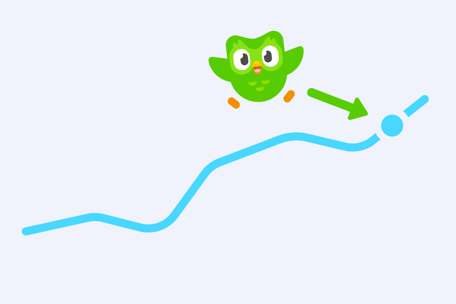 Illustration of a line chart trending upward with Duo the owl and an arrow marking its highest point