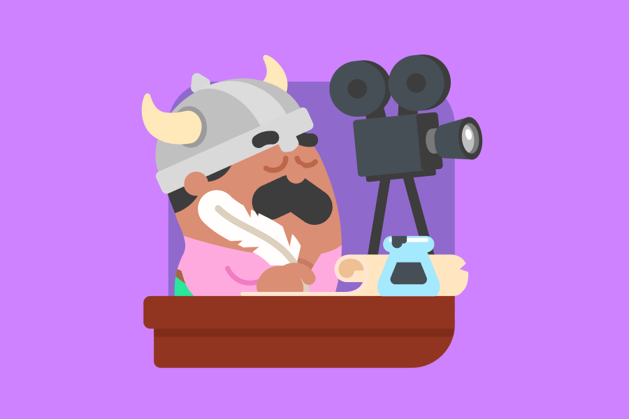 Illustration of Oscar wearing a Viking helmet and writing on parchment with a quill pen, next to a video camera