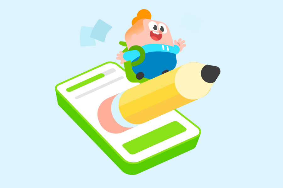 Illustration of Junior standing on a huge pencil shooting forward from a phone screen