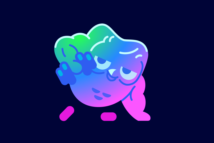 Illustration of the multi-colored Duo from the Super Duolingo logo, looking muscular and lifting a barbell