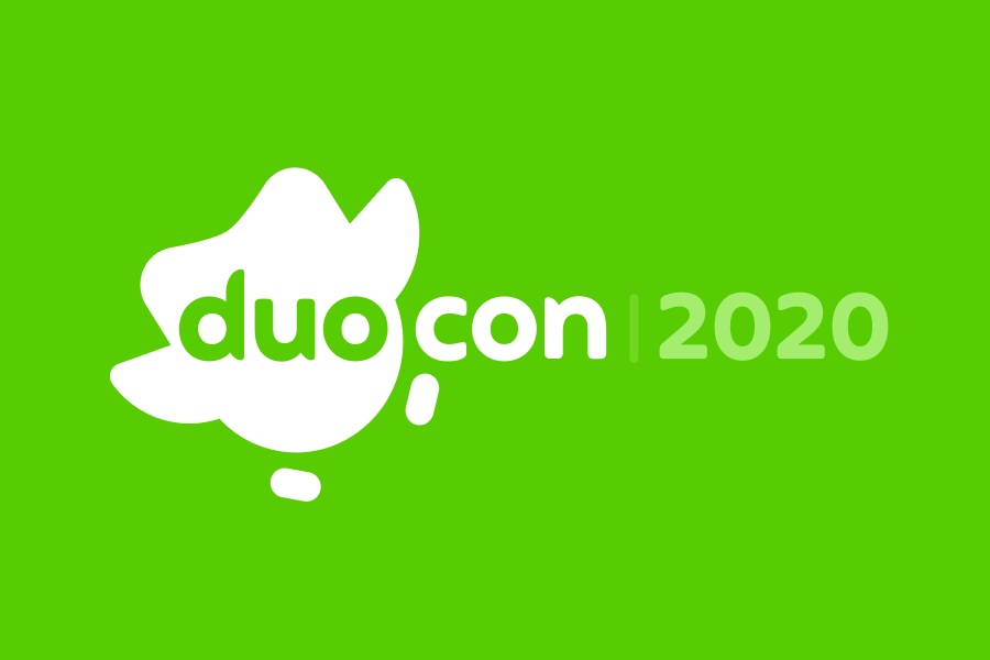 Illustration of the Duocon 2020 logo: a white silhouette of Duo the owl and the words "Duocon 2020"